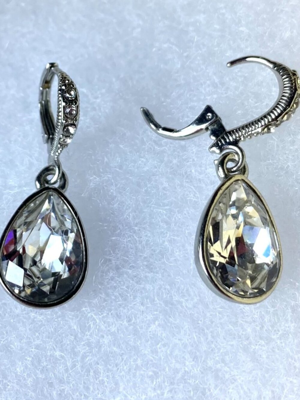 GIVENCHY Crystal Teardrop Dangle Earrings Silver Tone Clear Pave Leverback - Picture 7 of 8